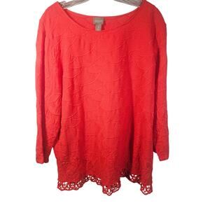 Chico's Promenade Embroidered Top in Hibiscus 3/4 Sleeve Size 3 - XL - 16